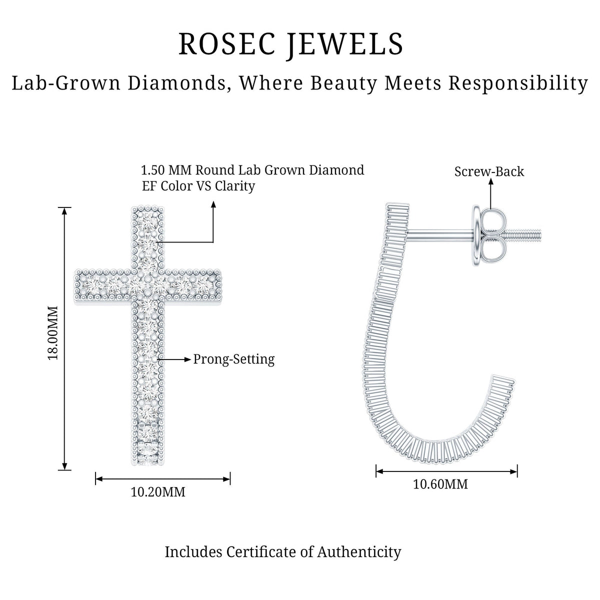 Lab Grown Diamond Earrings – Religious Cross Hoop | Lightweight Screw Back Hoops