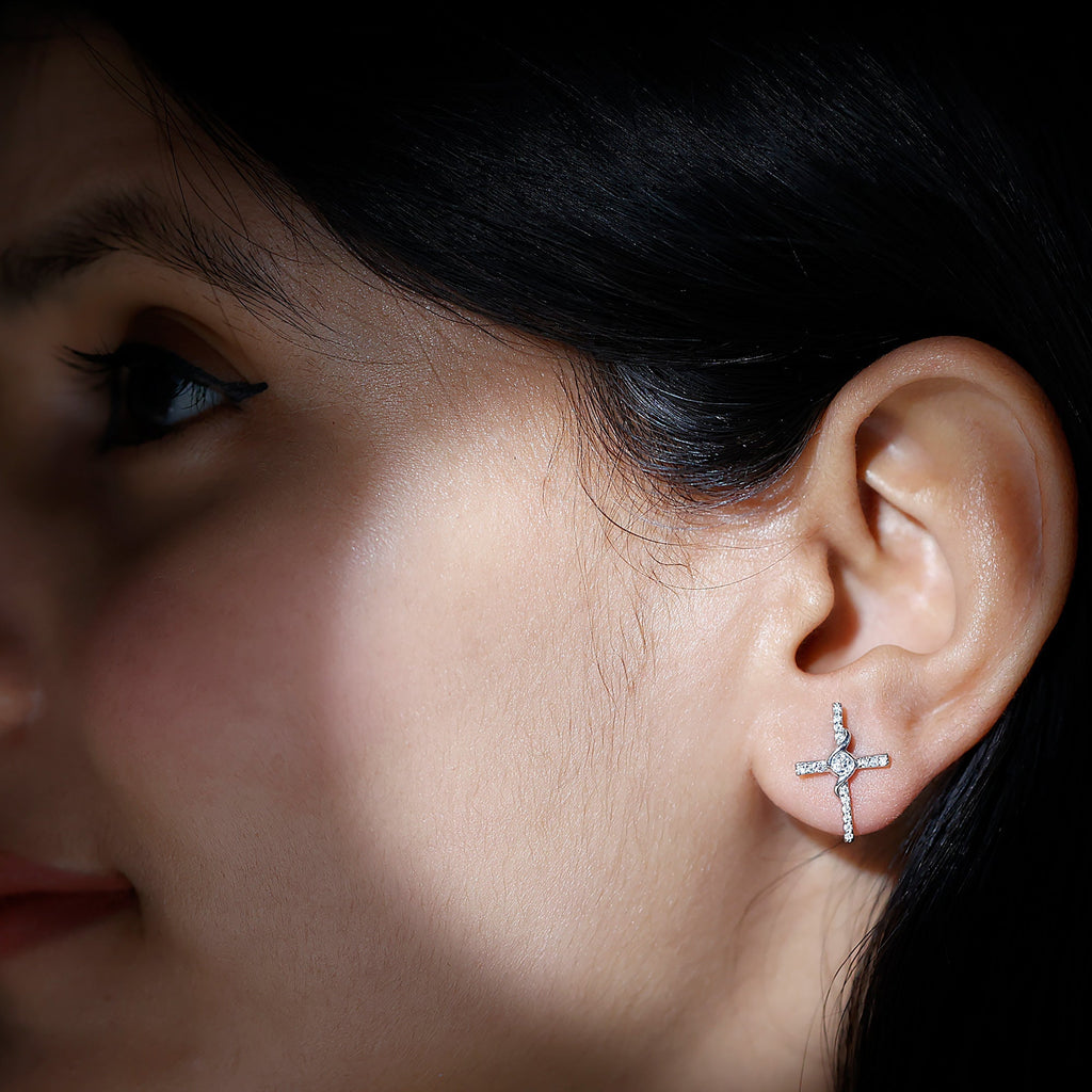 Lab Grown Diamond Earrings – Religious Cross Studs With Prong Setting Design