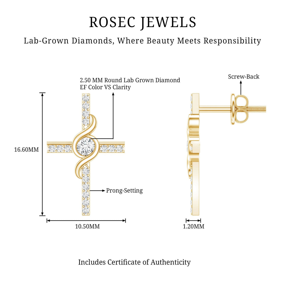 Lab Grown Diamond Earrings – Religious Cross Studs With Prong Setting Design
