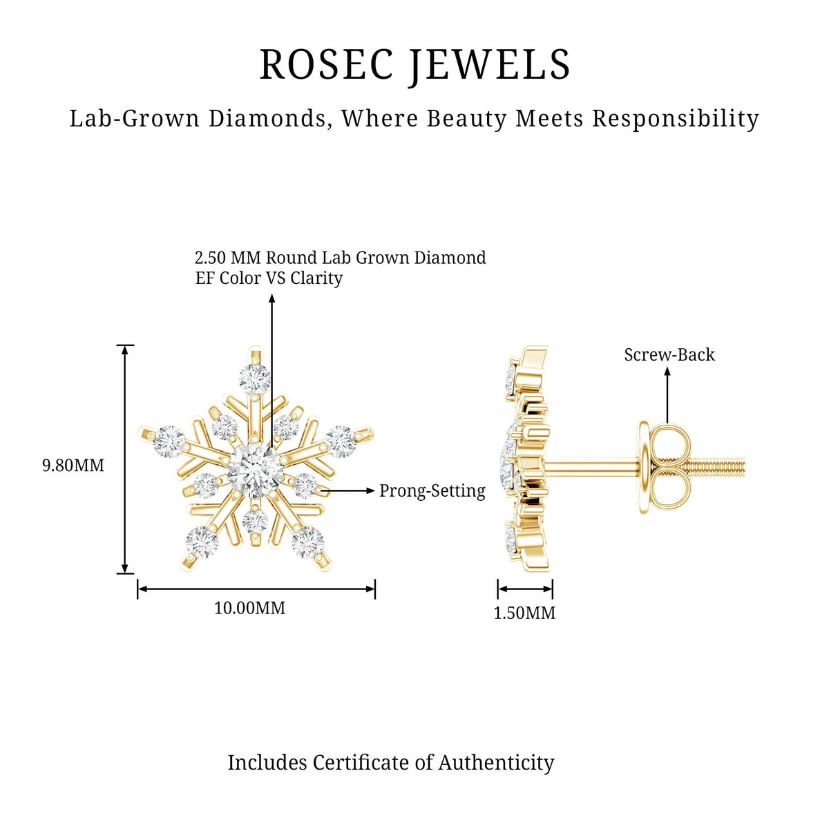 Lab Grown Diamond Earrings – Snowflake Studs With Round Cut Diamonds | Rosec Jewels