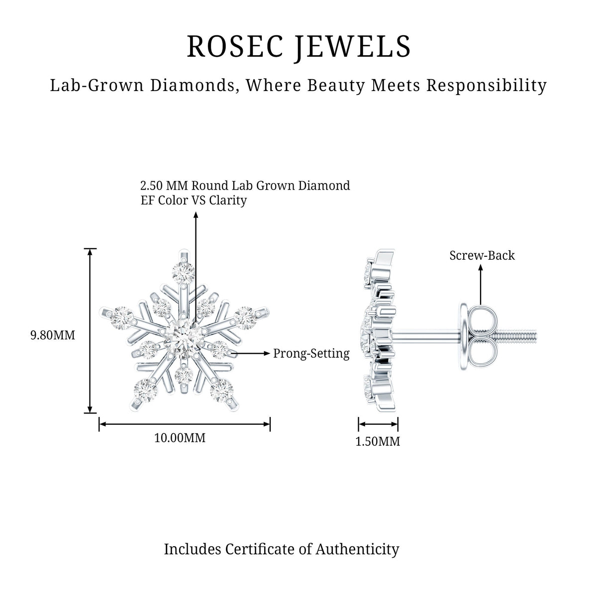 Lab Grown Diamond Earrings – Snowflake Studs With Round Cut Diamonds | Rosec Jewels