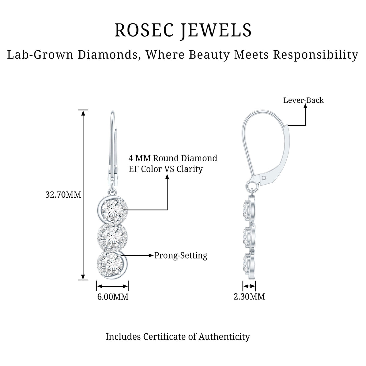 Lab Grown Diamond Earrings – Three Stone Sparkling Drop Dangle Design by Rosec Jewels