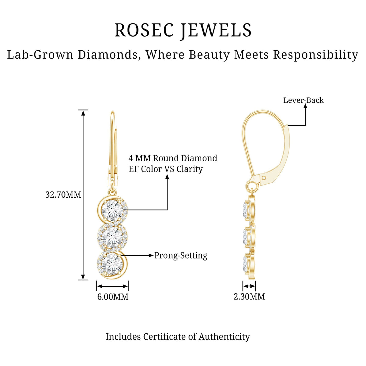 Lab Grown Diamond Earrings – Three Stone Sparkling Drop Dangle Design by Rosec Jewels