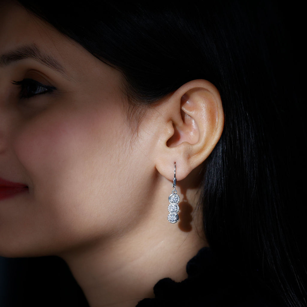 Lab Grown Diamond Earrings – Three Stone Sparkling Drop Dangle Design by Rosec Jewels