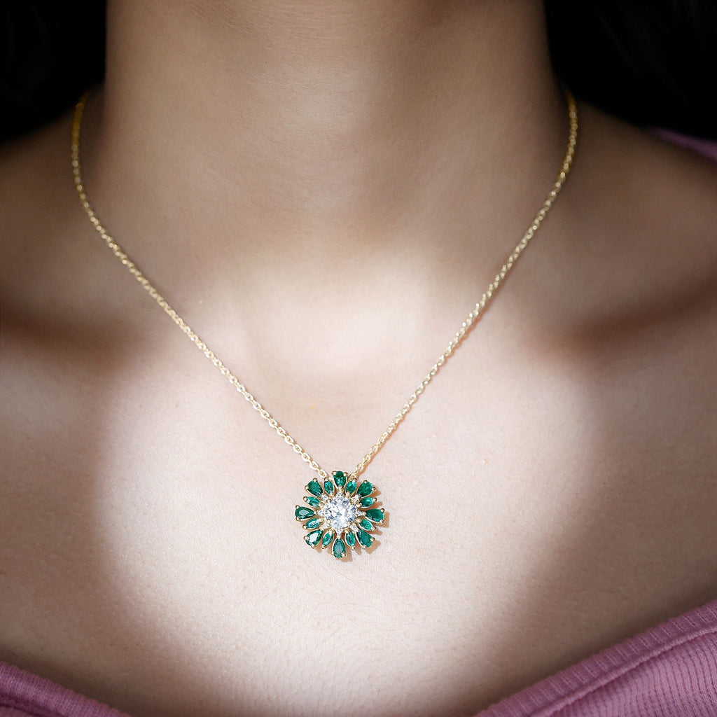 Lab Grown Diamond Necklace – 1.2 Carat Emerald Statement Pendant With Pear Marquise Emeralds