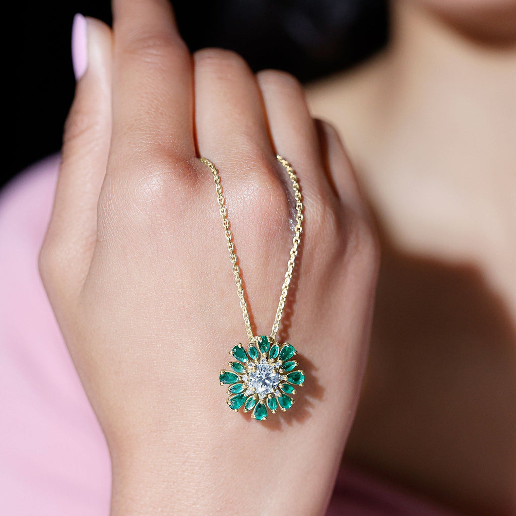 Lab Grown Diamond Necklace – 1.2 Carat Emerald Statement Pendant With Pear Marquise Emeralds