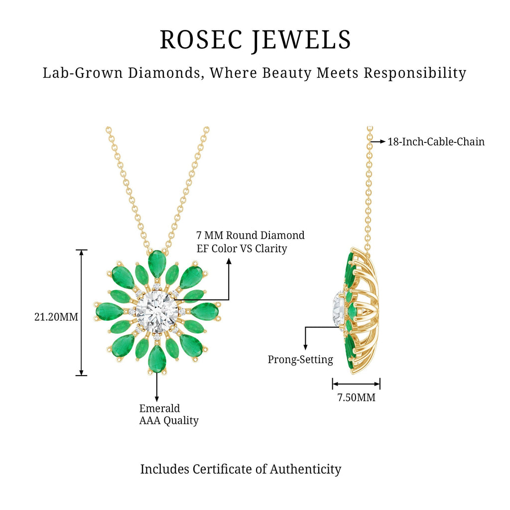 Lab Grown Diamond Necklace – 1.2 Carat Emerald Statement Pendant With Pear Marquise Emeralds