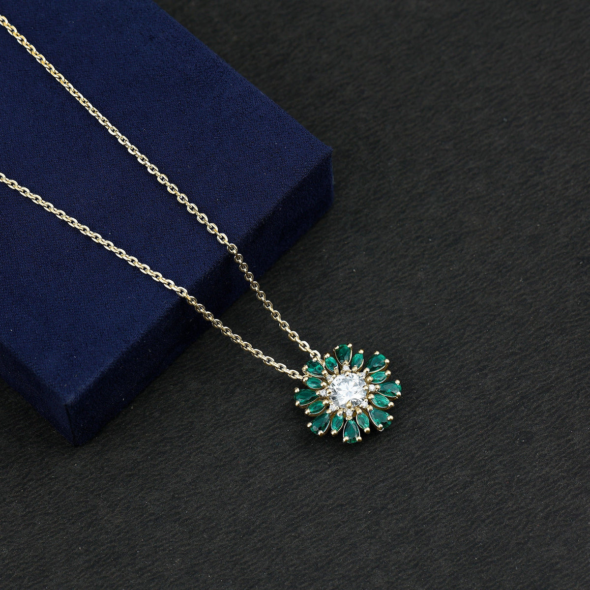 Lab Grown Diamond Necklace – 1.2 Carat Emerald Statement Pendant With Pear Marquise Emeralds