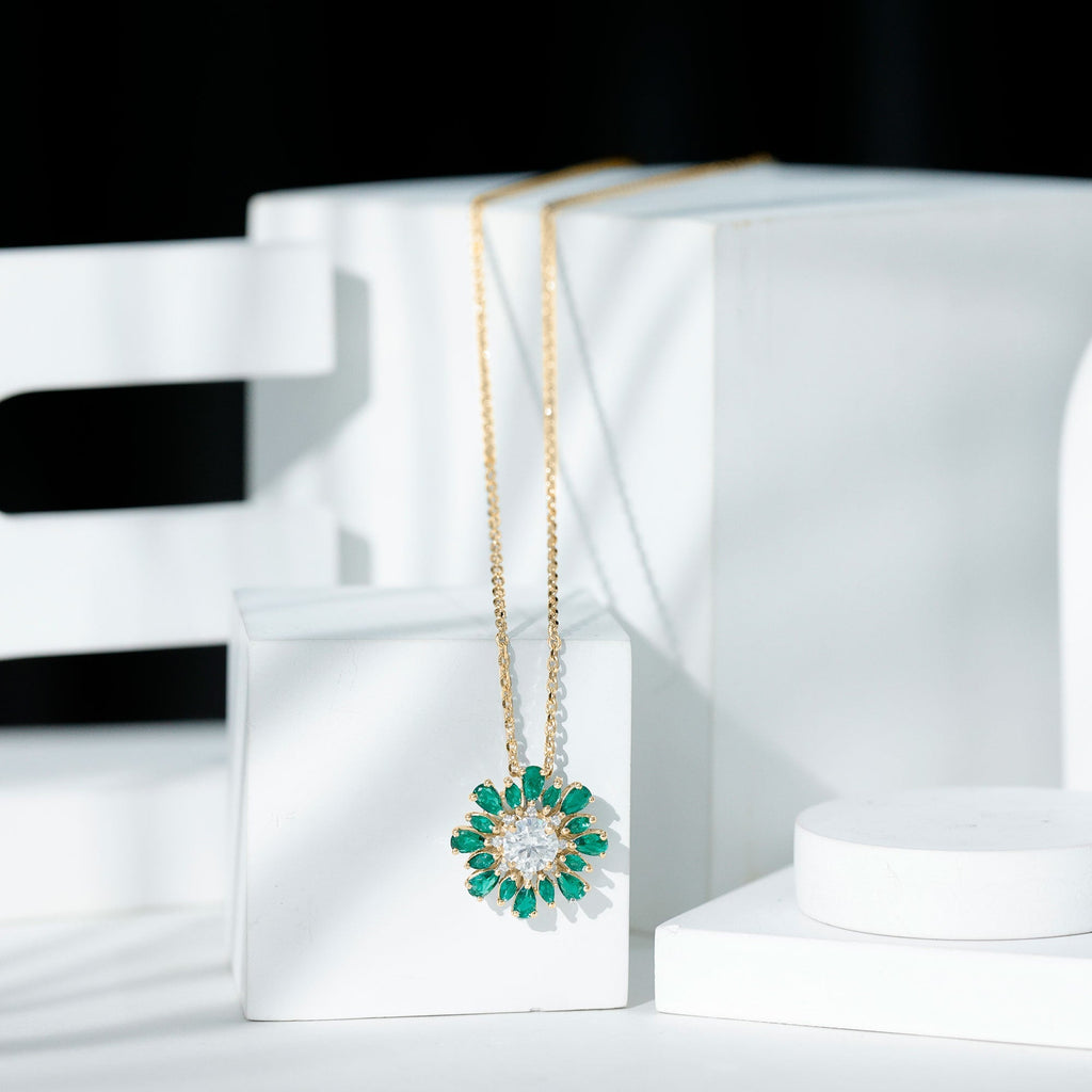 Lab Grown Diamond Necklace – 1.2 Carat Emerald Statement Pendant With Pear Marquise Emeralds