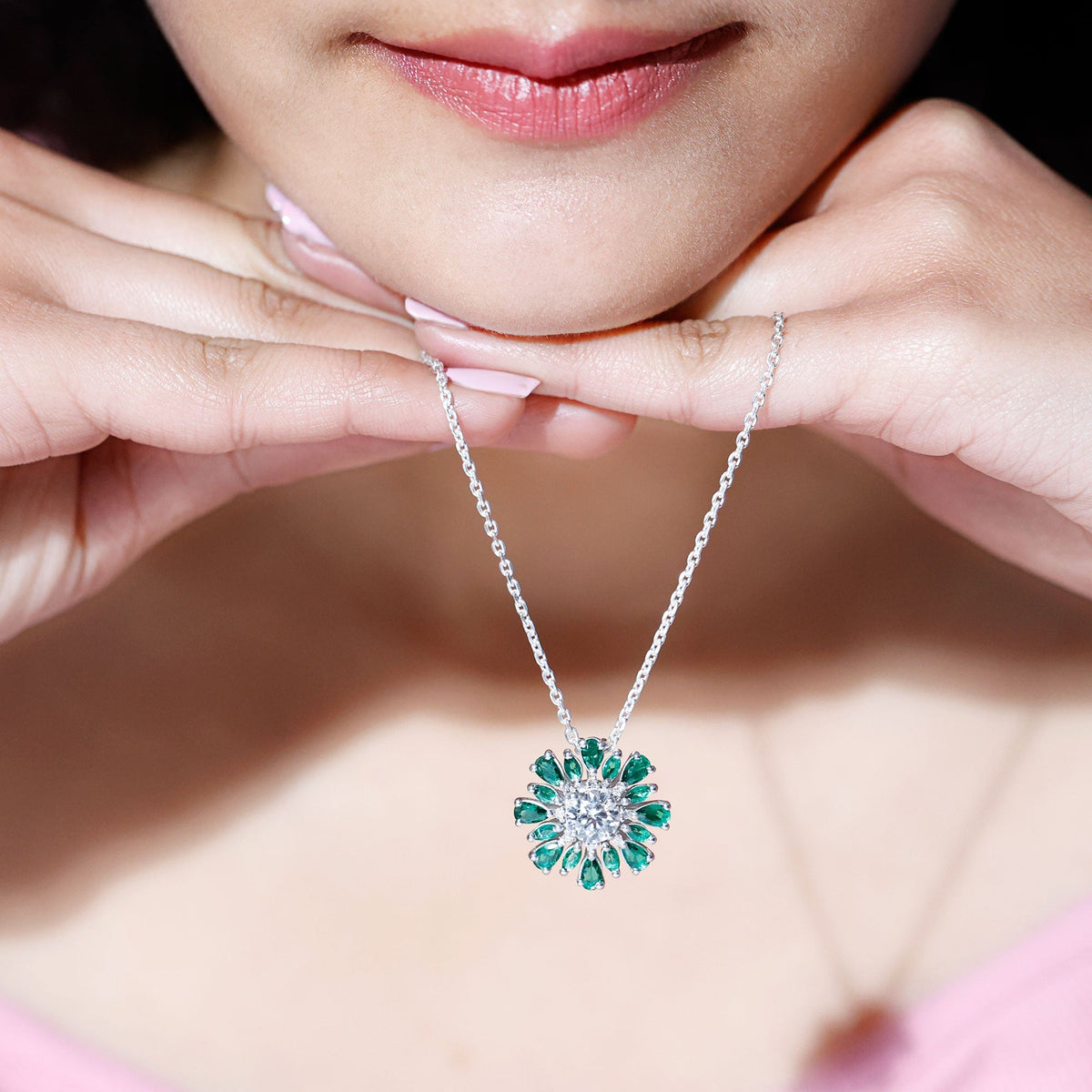 Lab Grown Diamond Necklace – 1.2 Carat Emerald Statement Pendant With Pear Marquise Emeralds