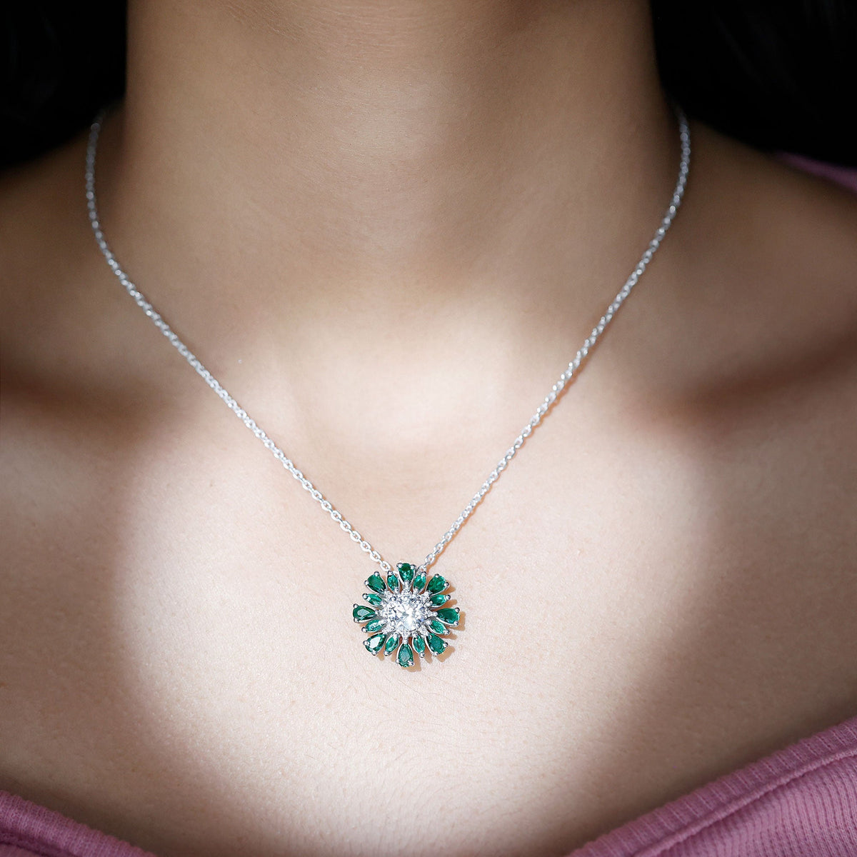 Lab Grown Diamond Necklace – 1.2 Carat Emerald Statement Pendant With Pear Marquise Emeralds