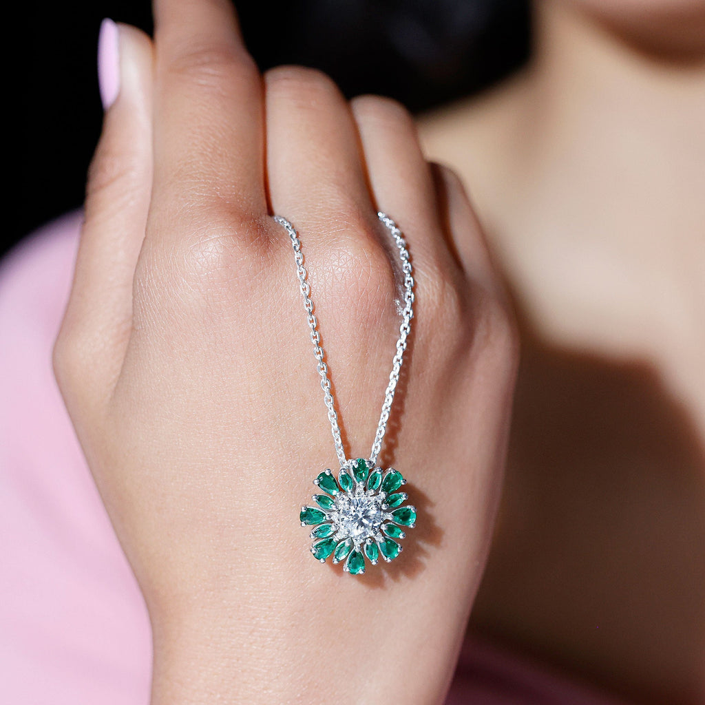 Lab Grown Diamond Necklace – 1.2 Carat Emerald Statement Pendant With Pear Marquise Emeralds