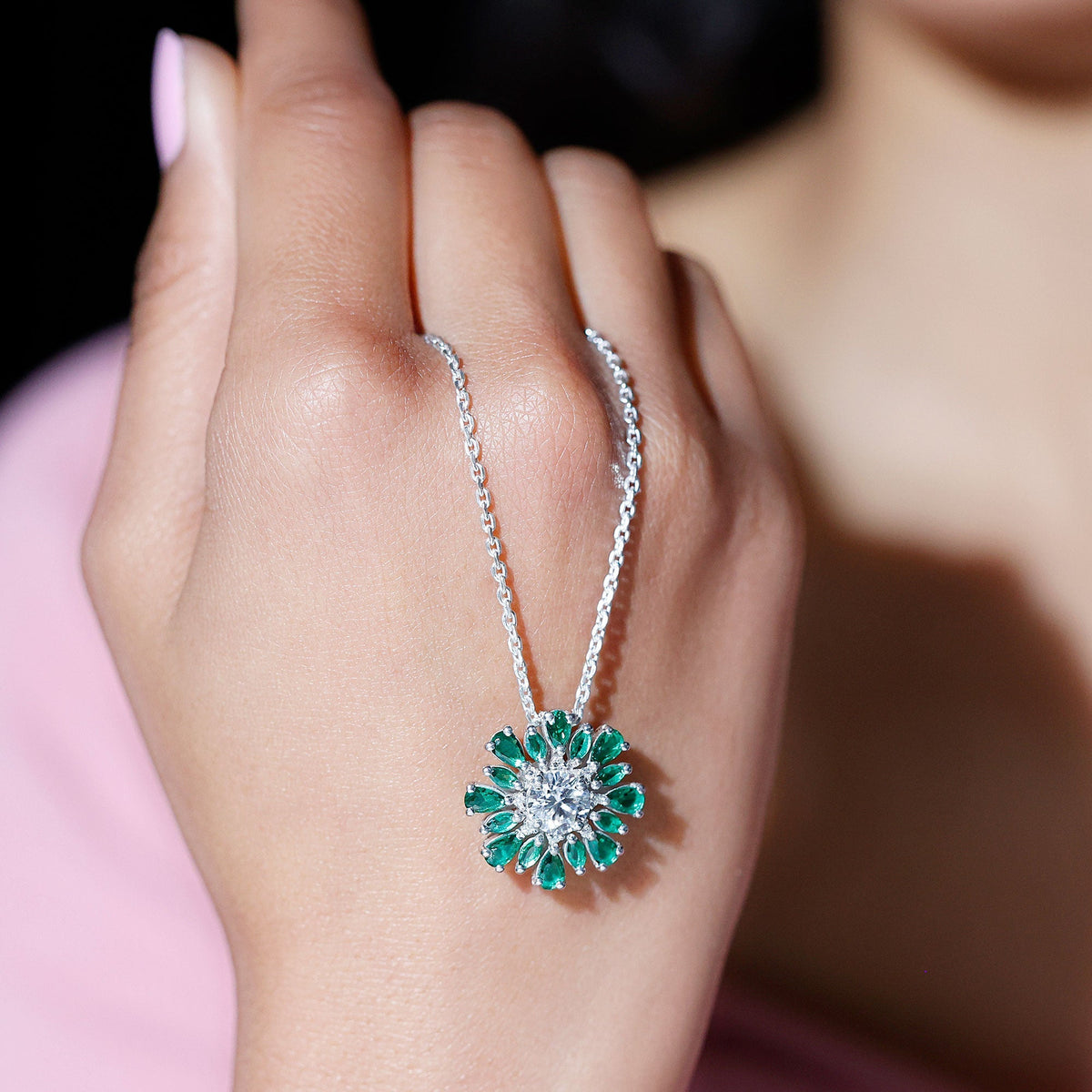 Lab Grown Diamond Necklace – 1.2 Carat Emerald Statement Pendant With Pear Marquise Emeralds