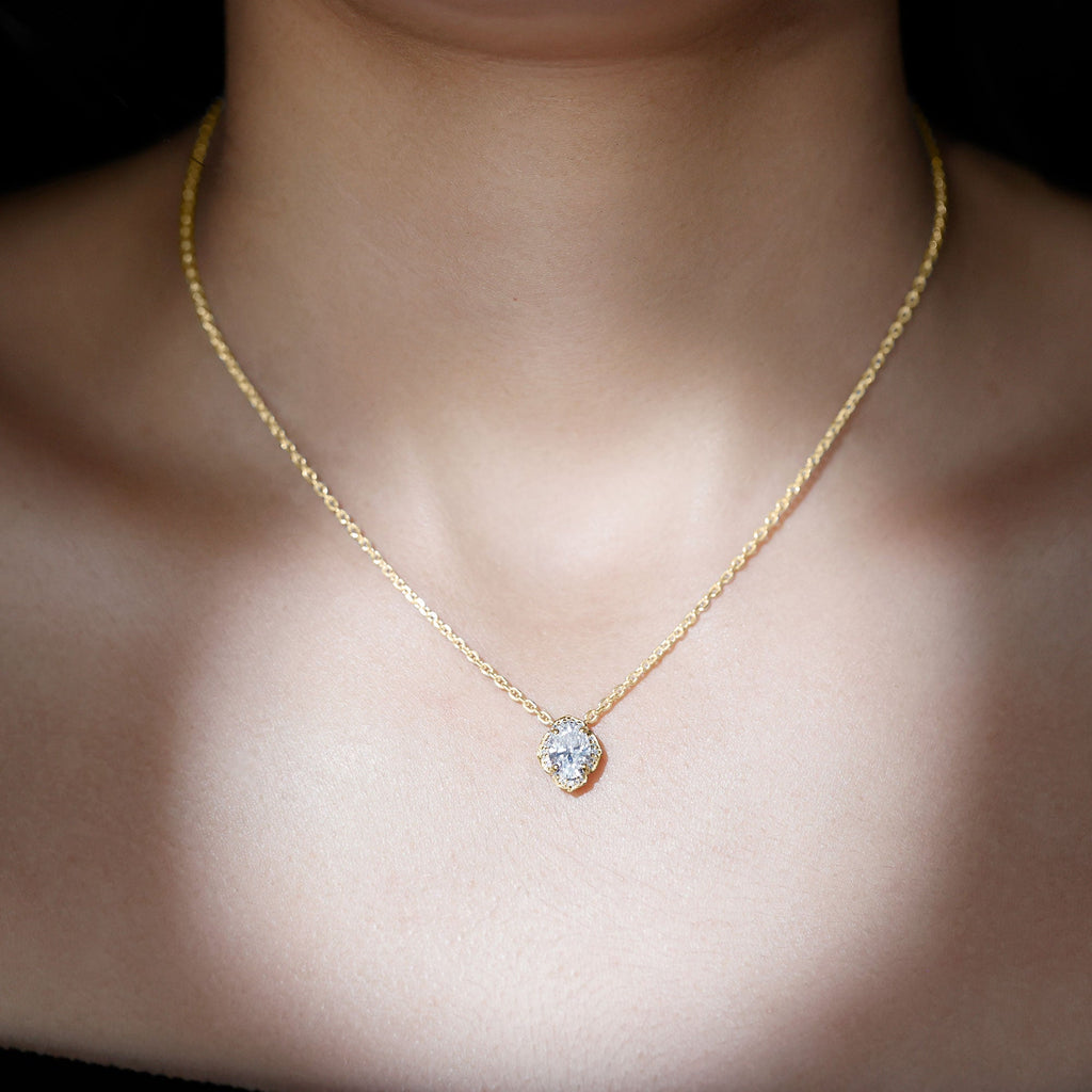 Lab Grown Diamond Necklace – 1.2 Carat Oval Diamond Pendant | Vintage Flower Halo