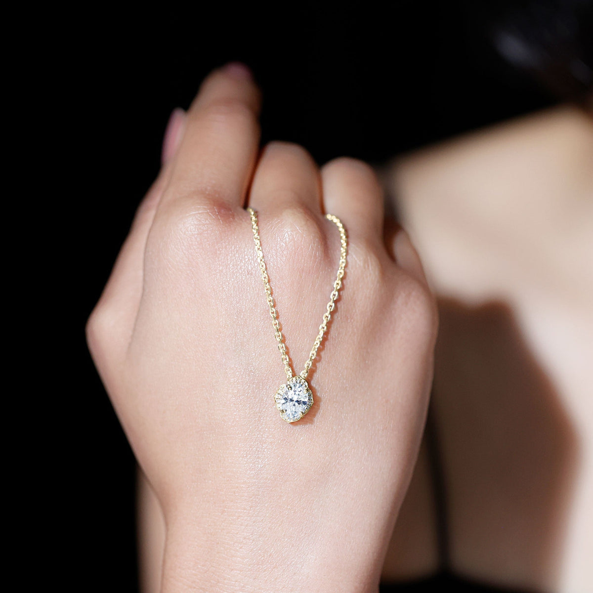 Lab Grown Diamond Necklace – 1.2 Carat Oval Diamond Pendant | Vintage Flower Halo