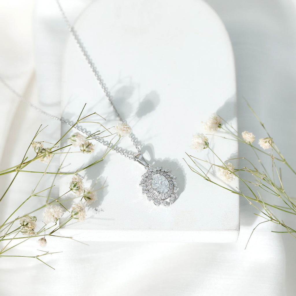 Lab Grown Diamond Necklace - 1.2 Carat Oval Pendant With Double Halo Design