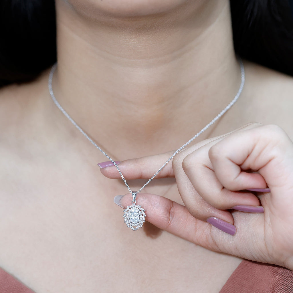 Lab Grown Diamond Necklace - 1.2 Carat Oval Pendant With Double Halo Design