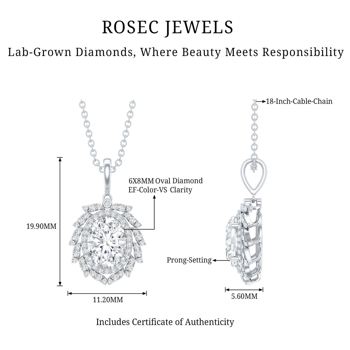Lab Grown Diamond Necklace - 1.2 Carat Oval Pendant With Double Halo Design