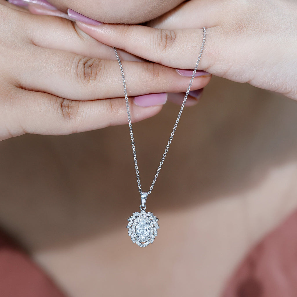 Lab Grown Diamond Necklace - 1.2 Carat Oval Pendant With Double Halo Design