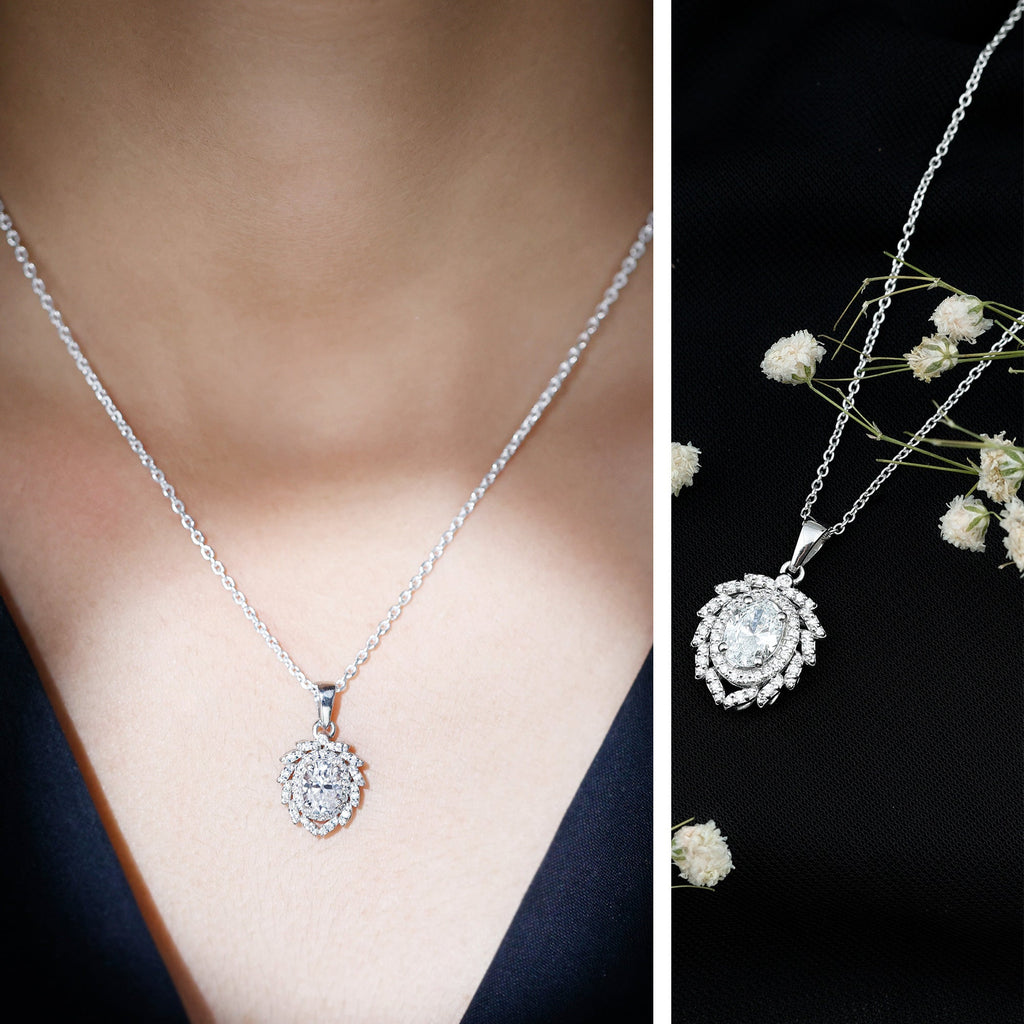 Lab Grown Diamond Necklace - 1.2 Carat Oval Pendant With Double Halo Design