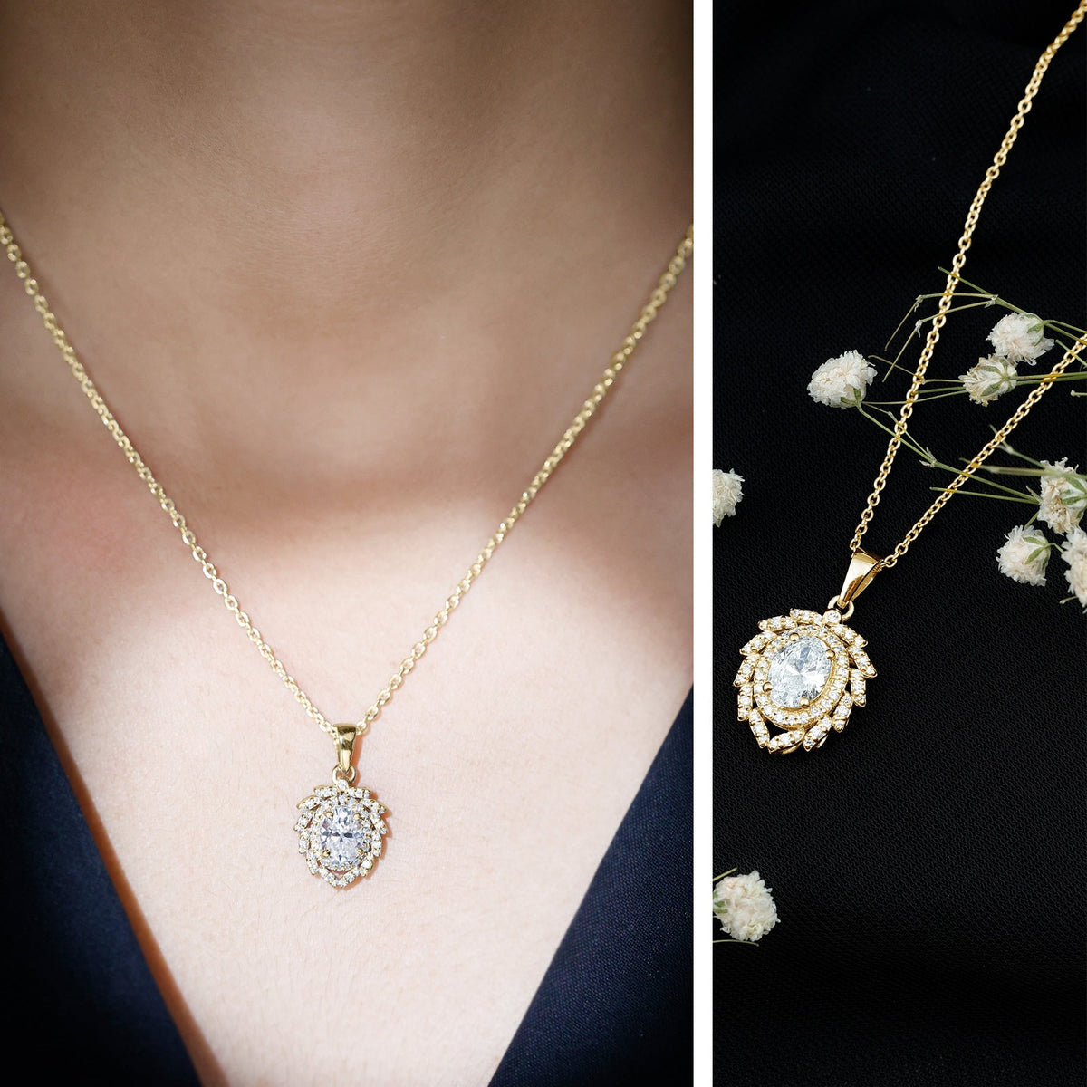 Lab Grown Diamond Necklace - 1.2 Carat Oval Pendant With Double Halo Design