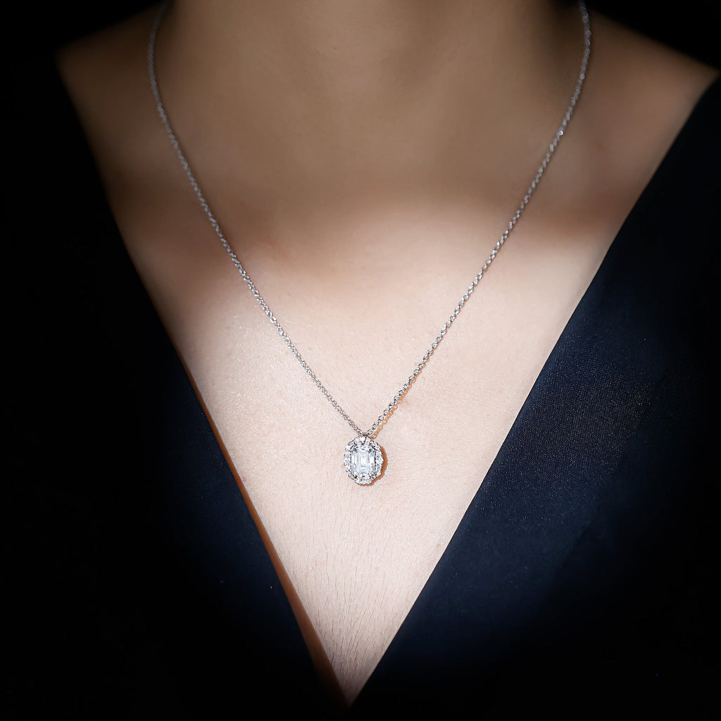 Lab Grown Diamond Necklace – 1.8 Carat Emerald Cut Diamond Halo Pendant
