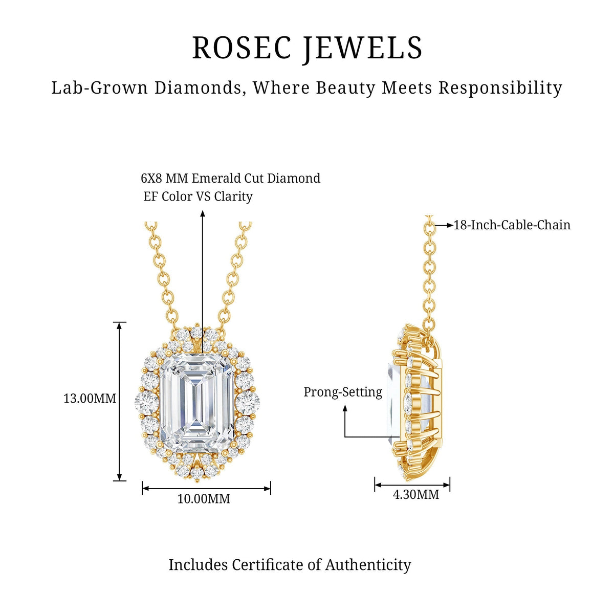 Lab Grown Diamond Necklace – 1.8 Carat Emerald Cut Diamond Halo Pendant