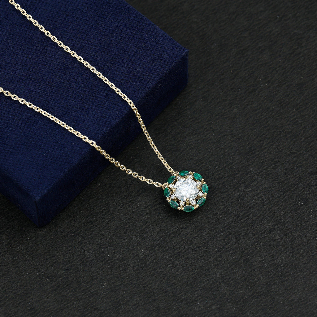 Lab Grown Diamond Necklace – 2 Carat Bridal Pendant With Emerald Stones