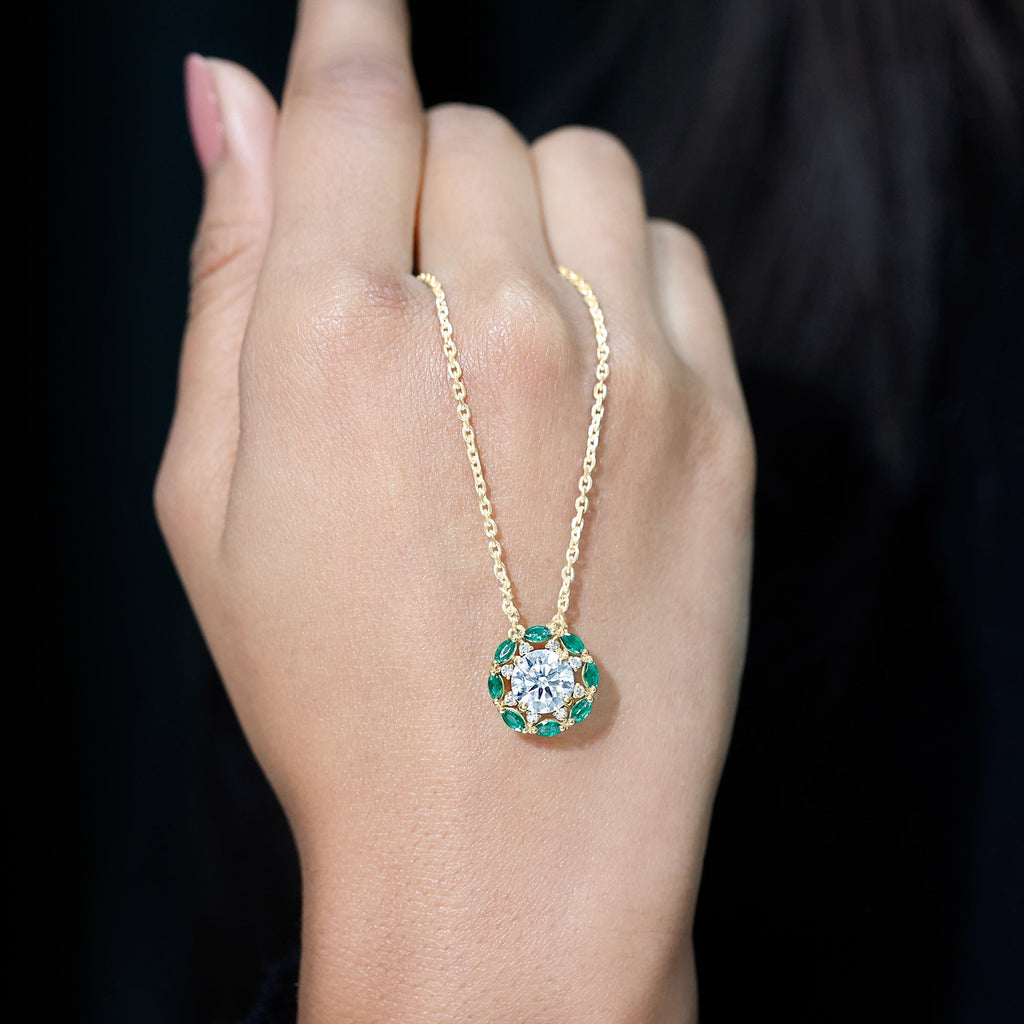 Lab Grown Diamond Necklace – 2 Carat Bridal Pendant With Emerald Stones