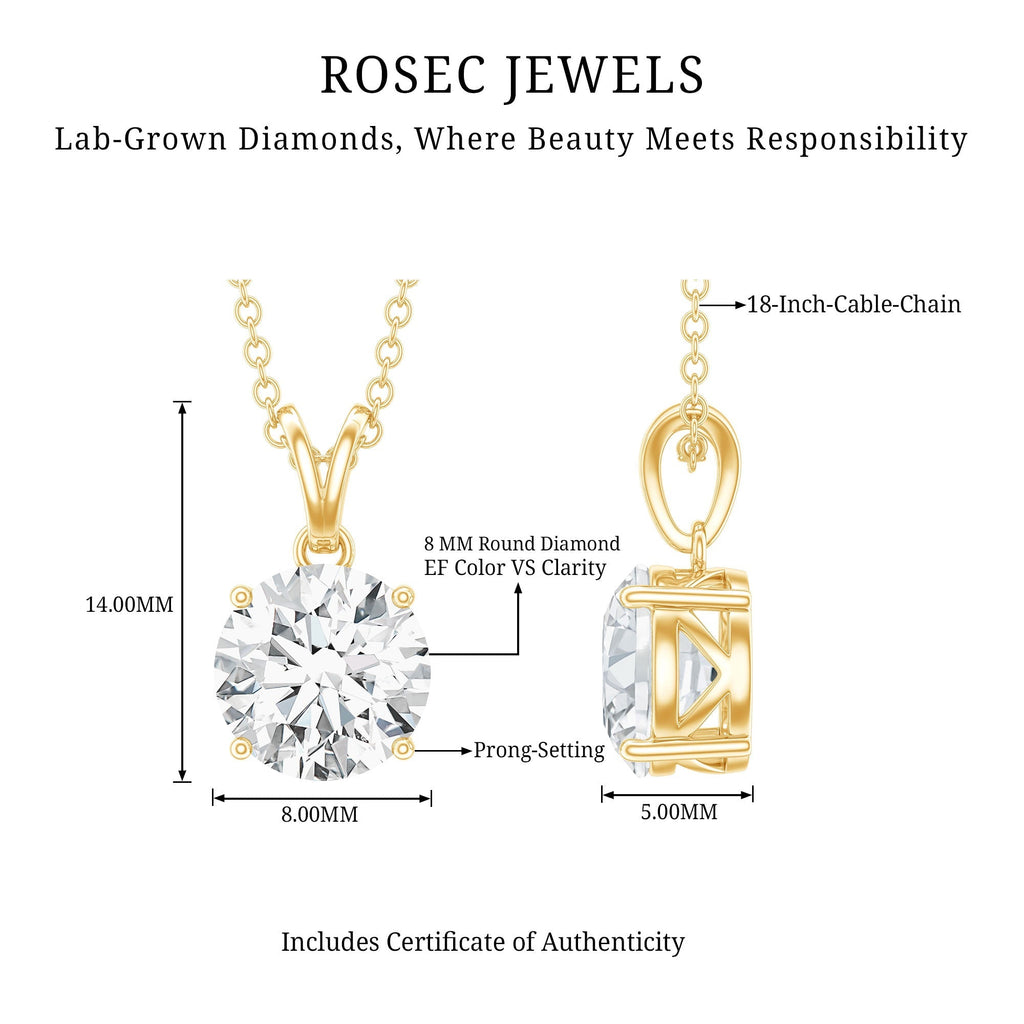Lab Grown Diamond Necklace - 2 Carat Brilliant Cut Solitaire Pendant Jewelry