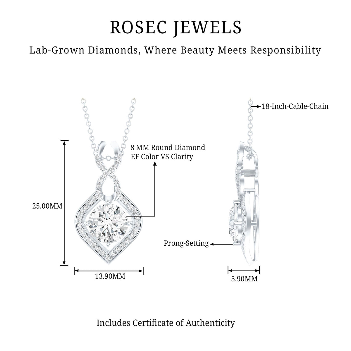 Lab Grown Diamond Necklace – 2 Carat Round Cut Pendant With Infinity Loop Design