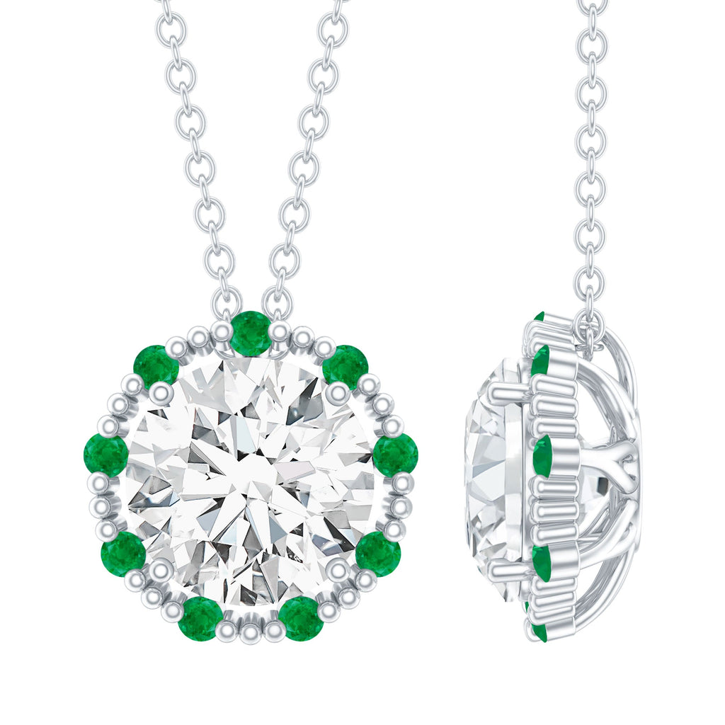 Lab Grown Diamond Necklace - 2 Carat Round Diamond Halo Pendant With Emerald