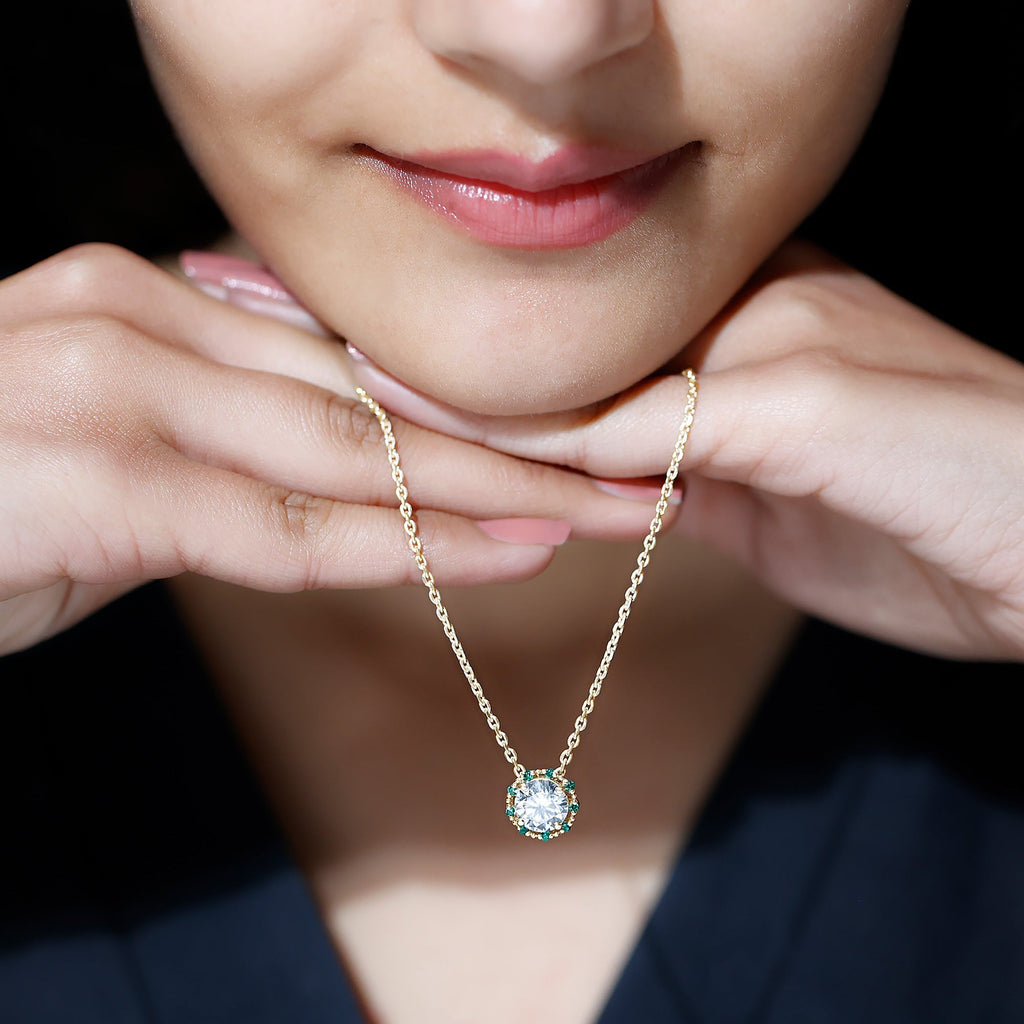 Lab Grown Diamond Necklace - 2 Carat Round Diamond Halo Pendant With Emerald