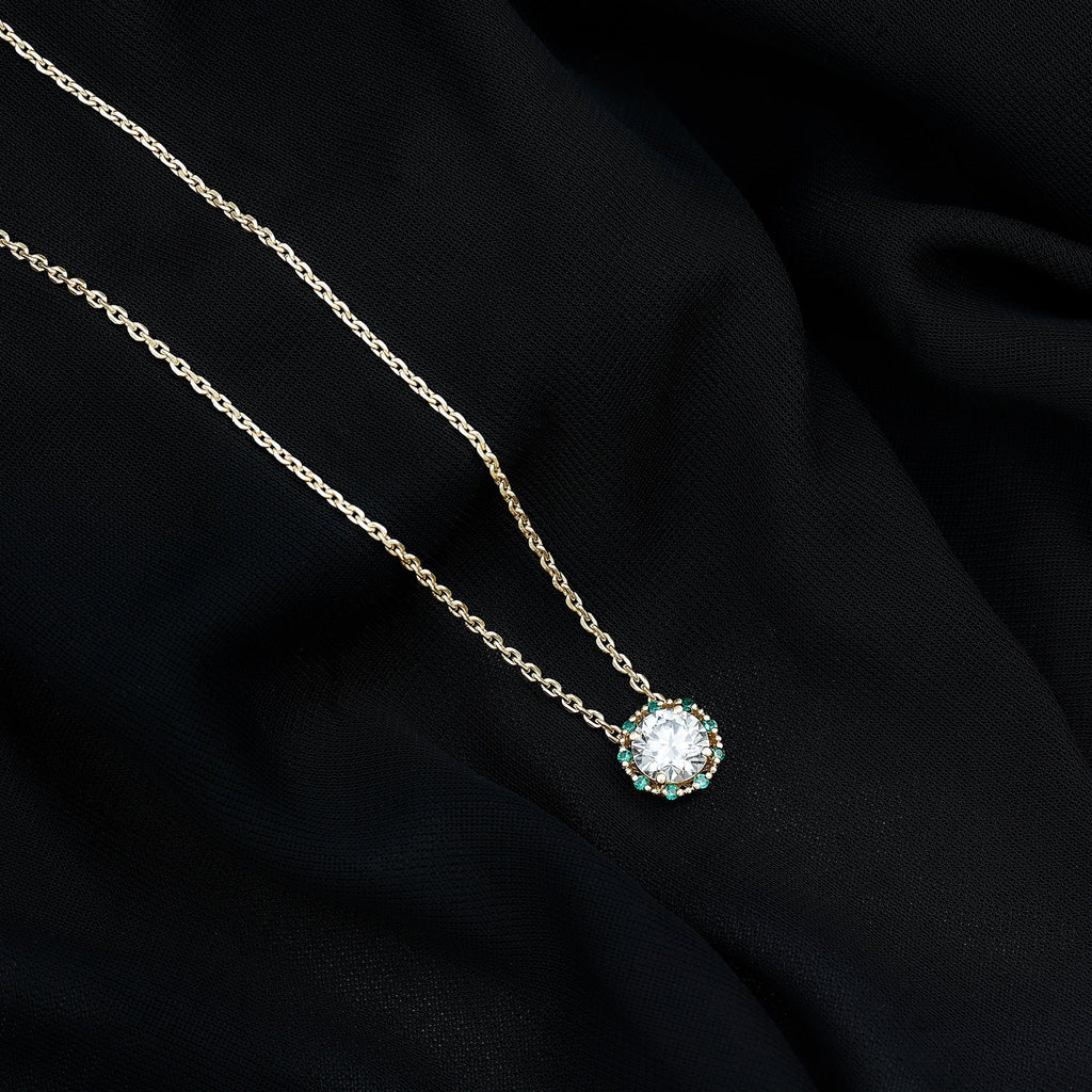 Lab Grown Diamond Necklace - 2 Carat Round Diamond Halo Pendant With Emerald