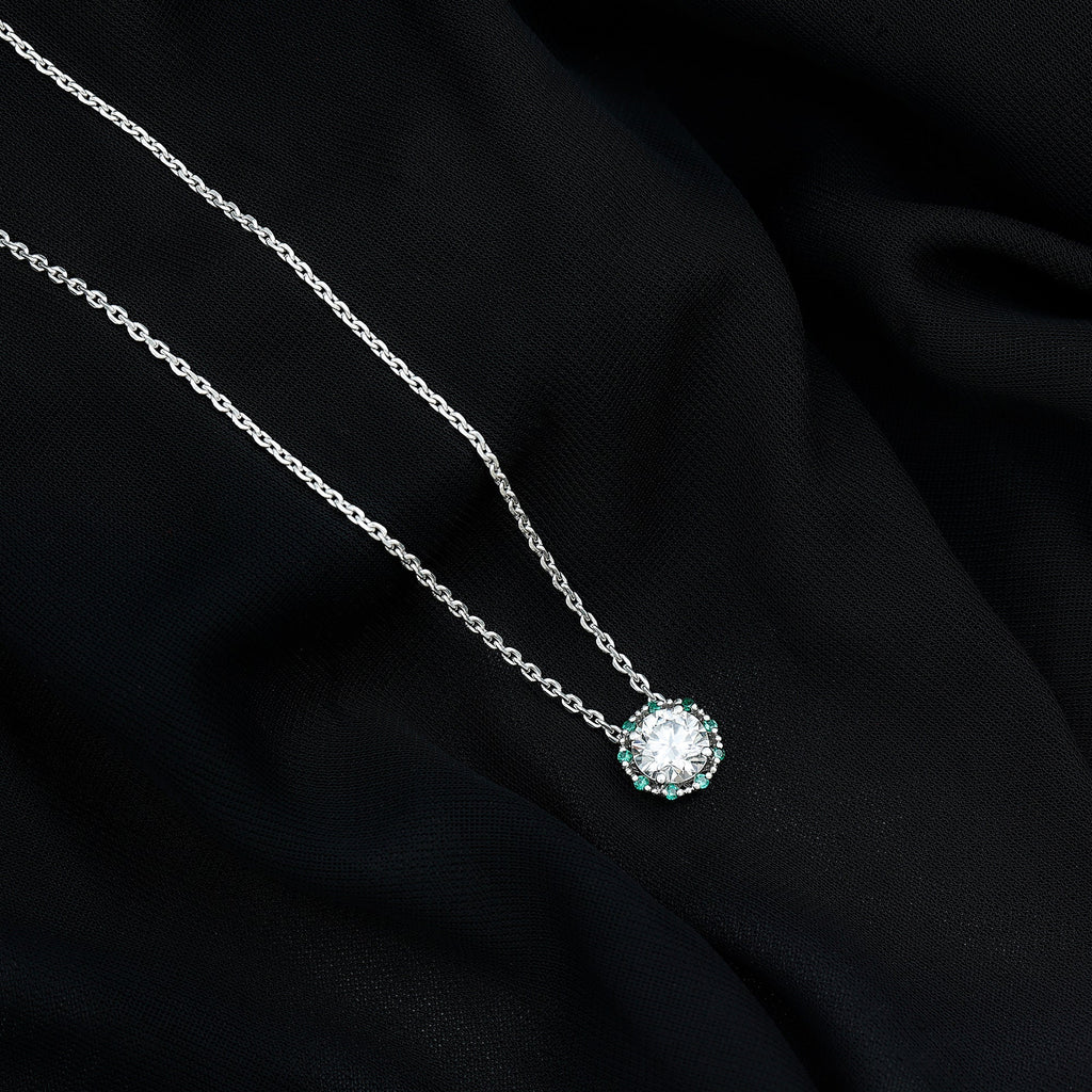 Lab Grown Diamond Necklace - 2 Carat Round Diamond Halo Pendant With Emerald