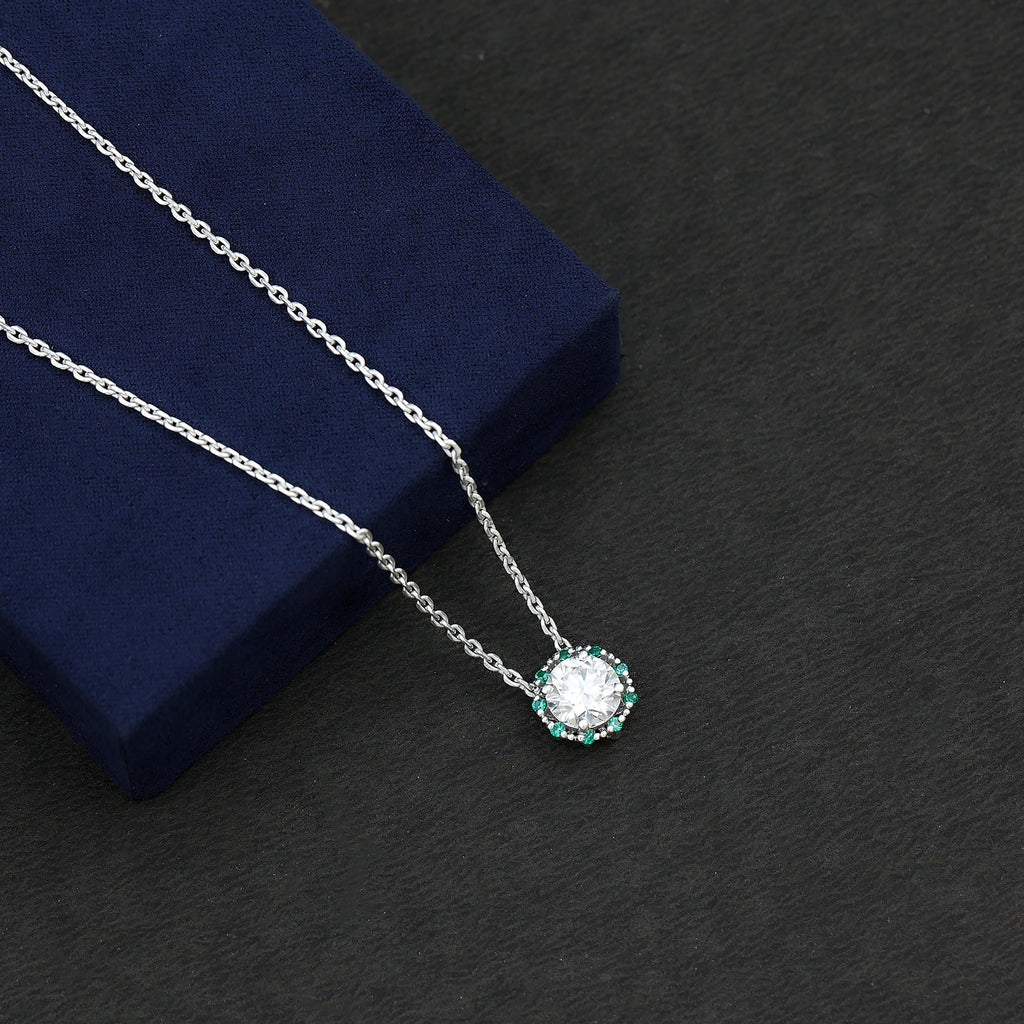 Lab Grown Diamond Necklace - 2 Carat Round Diamond Halo Pendant With Emerald