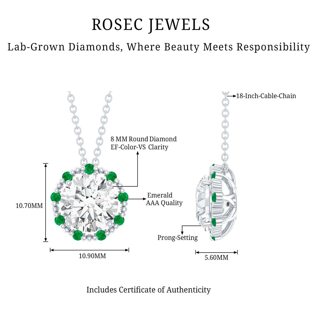 Lab Grown Diamond Necklace - 2 Carat Round Diamond Halo Pendant With Emerald