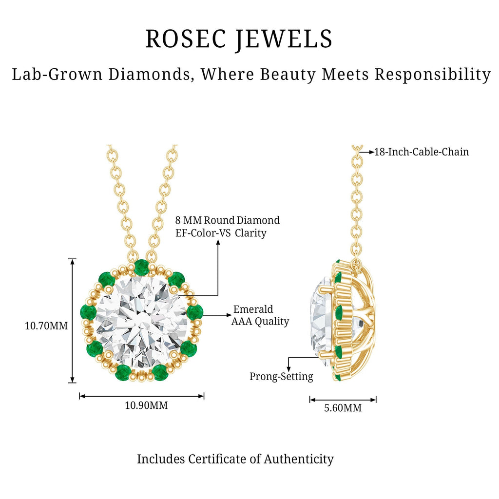 Lab Grown Diamond Necklace - 2 Carat Round Diamond Halo Pendant With Emerald