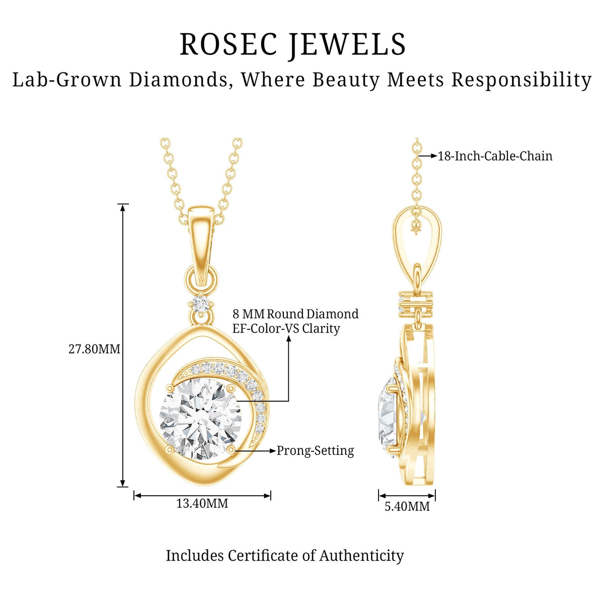 Lab Grown Diamond Necklace – 2 Carat Solitaire Pendant in Prong Setting