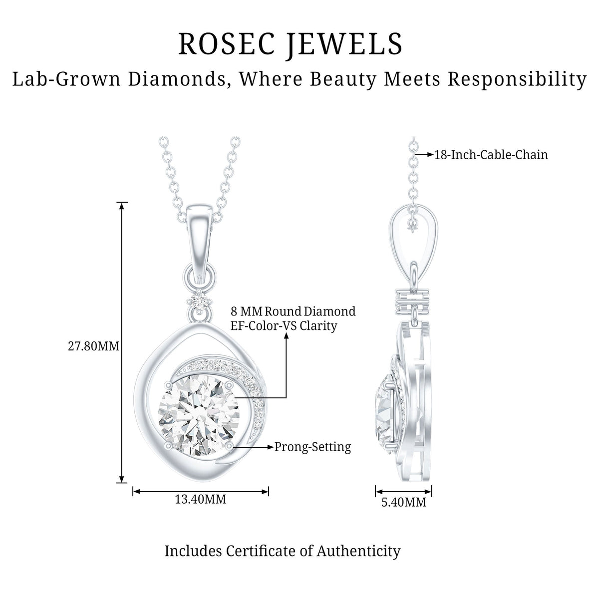 Lab Grown Diamond Necklace – 2 Carat Solitaire Pendant in Prong Setting