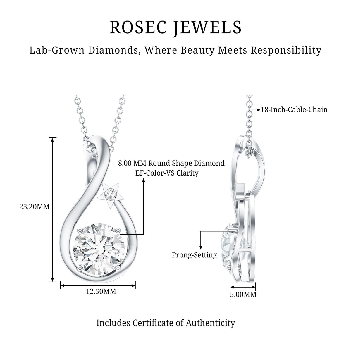 Lab Grown Diamond Necklace – 2 Carat Solitaire Teardrop Pendant with Star Motif Jewelry