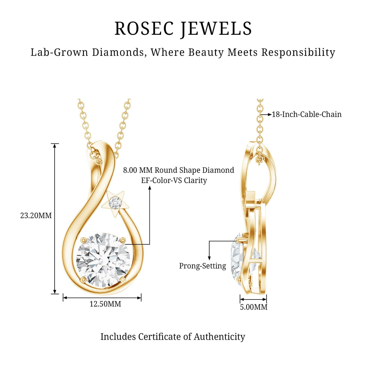Lab Grown Diamond Necklace – 2 Carat Solitaire Teardrop Pendant with Star Motif Jewelry