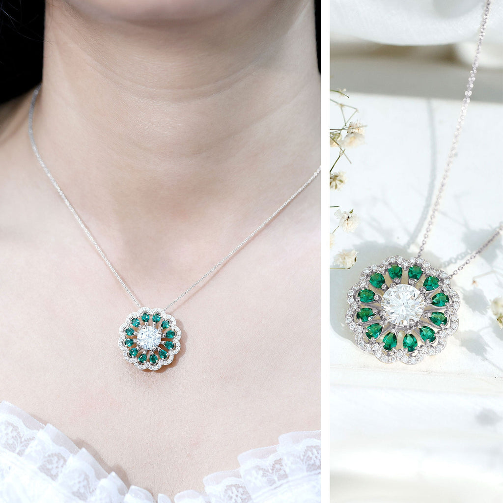Lab Grown Diamond Necklace – 3 Carat Bridal Flower Pendant With Emerald Halo