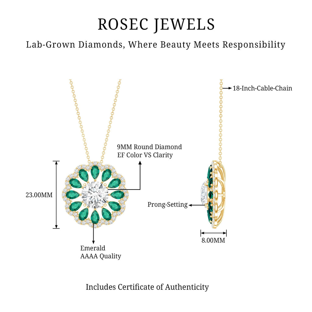 Lab Grown Diamond Necklace – 3 Carat Bridal Flower Pendant With Emerald Halo