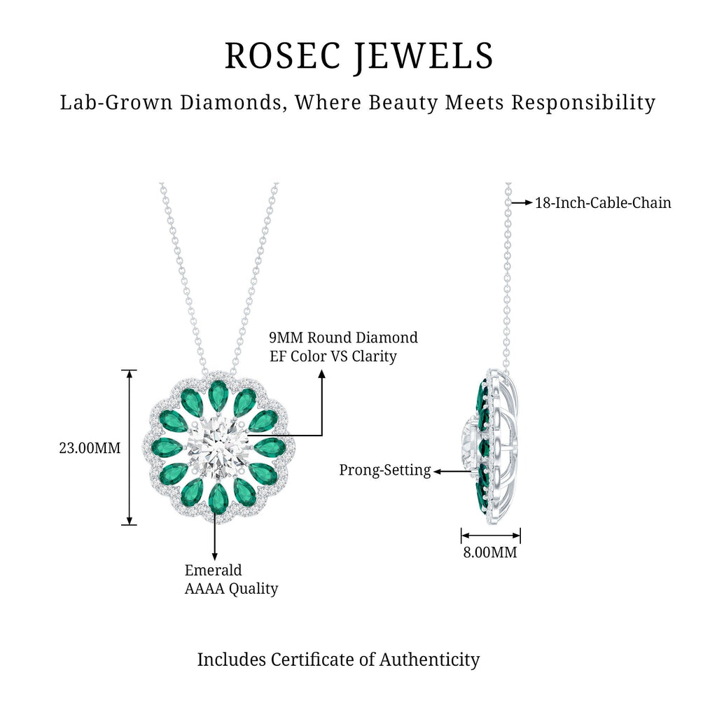 Lab Grown Diamond Necklace – 3 Carat Bridal Flower Pendant With Emerald Halo