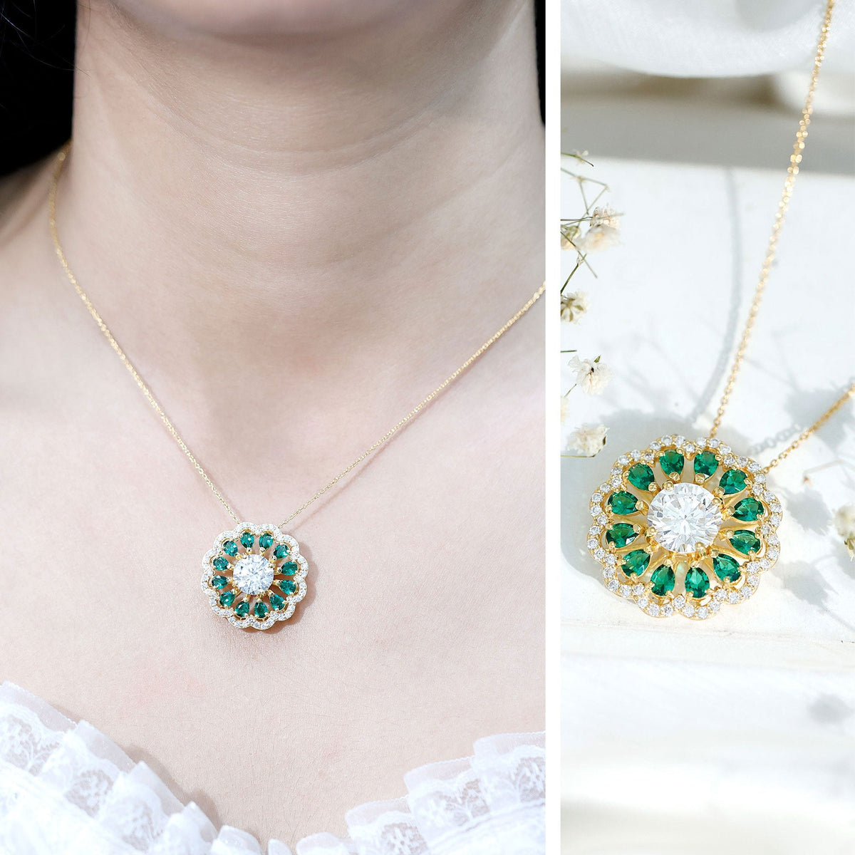 Lab Grown Diamond Necklace – 3 Carat Bridal Flower Pendant With Emerald Halo
