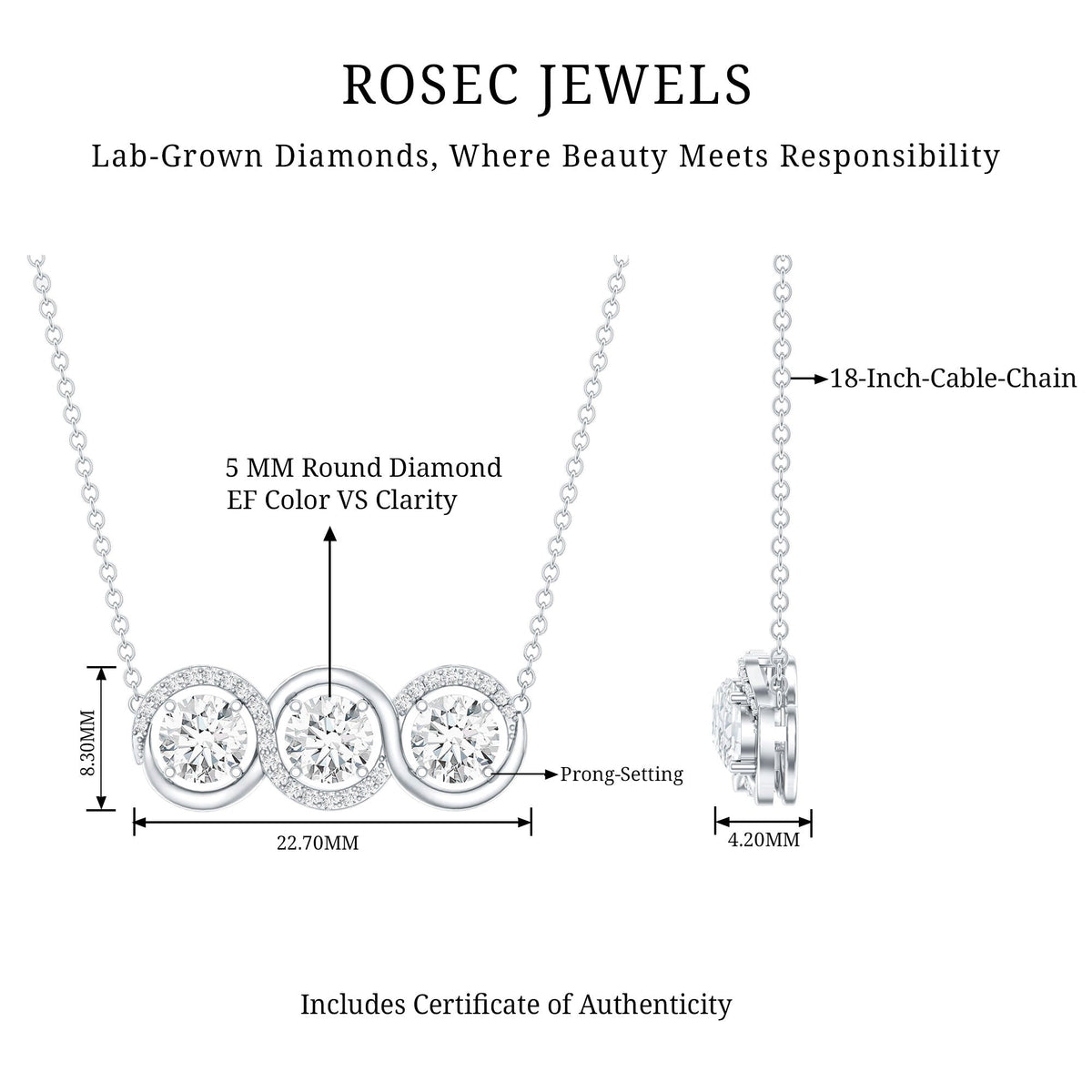 Lab Grown Diamond Necklace – Certified Three Stone Pendant With Round Cut Diamonds