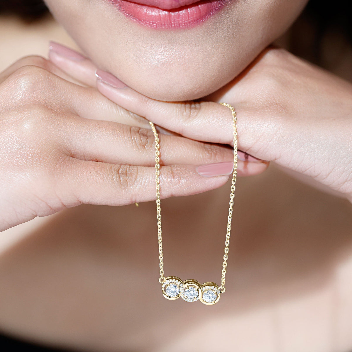 Lab Grown Diamond Necklace – Certified Three Stone Pendant With Round Cut Diamonds