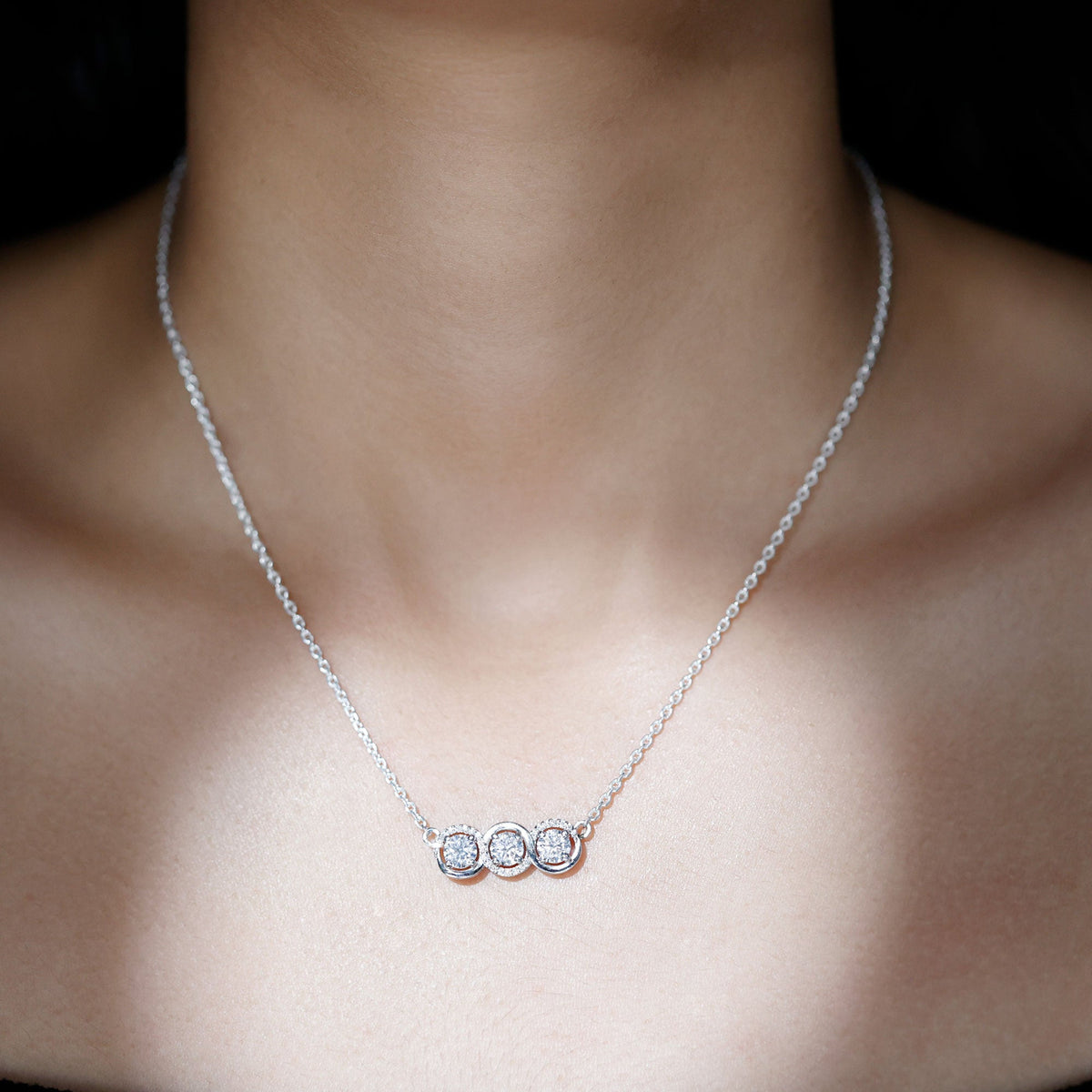 Lab Grown Diamond Necklace – Certified Three Stone Pendant With Round Cut Diamonds