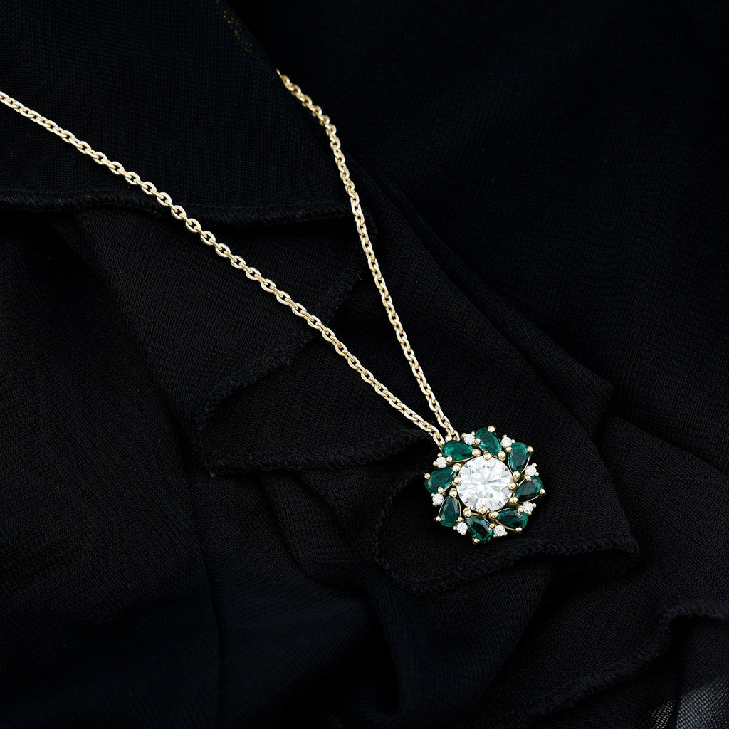 Lab Grown Diamond Necklace – Emerald Bridal Statement Jewelry with Floral Pendant